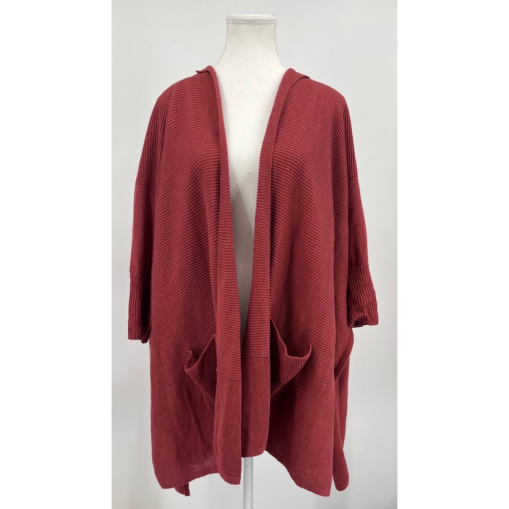 Marla Wynne Women Burgundy Red Ribbed Knit Hooded Open Front Cardigan M/L